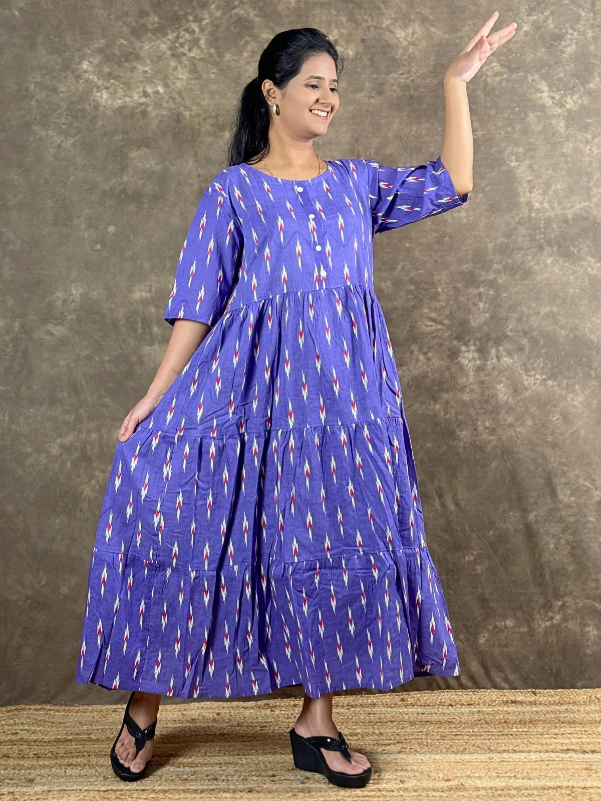 Tarani premium purple cotton midi dress full length view with ikat print design