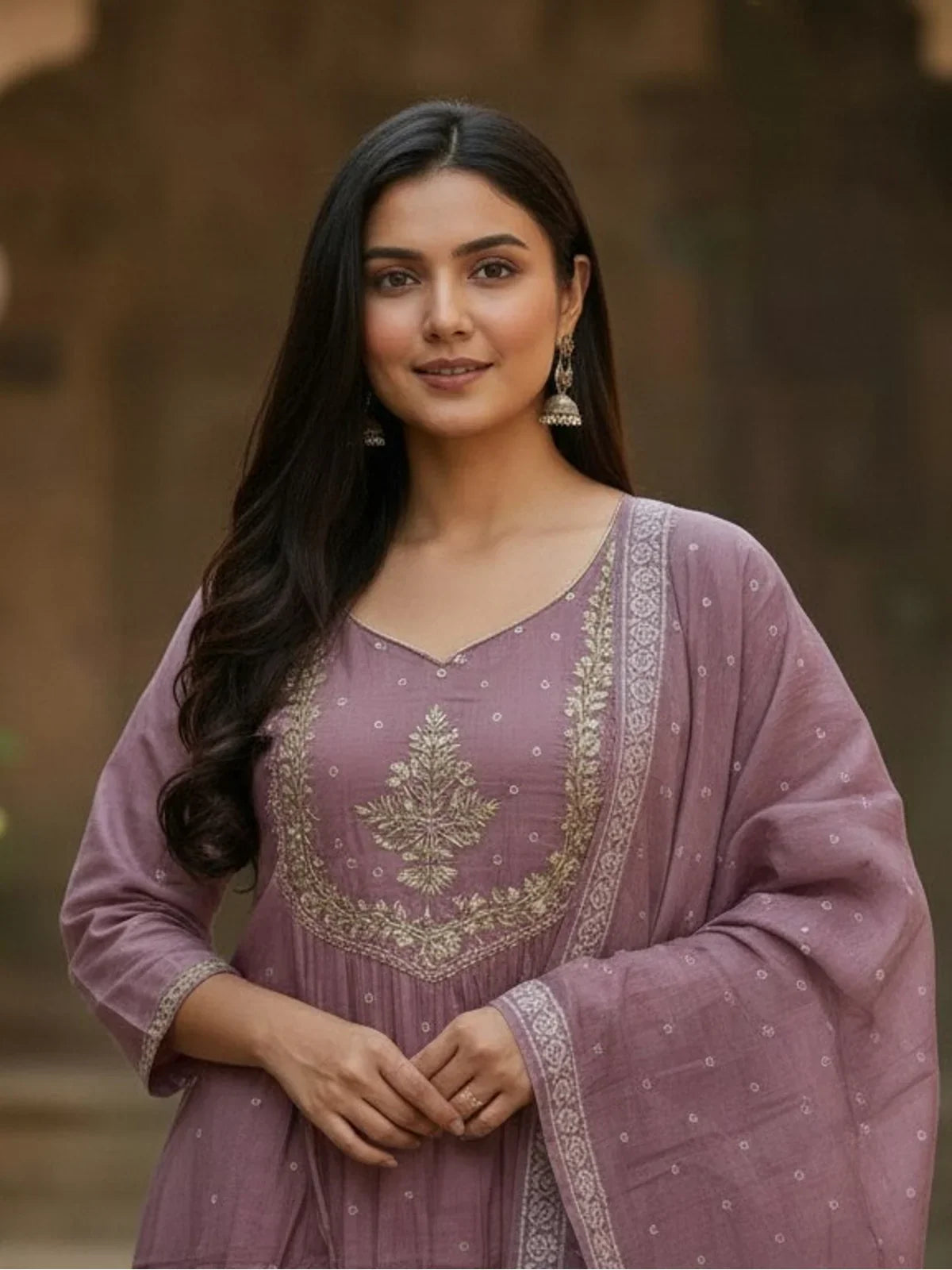 Tarani cotton purple dress close-up showcasing neckline and embroidery