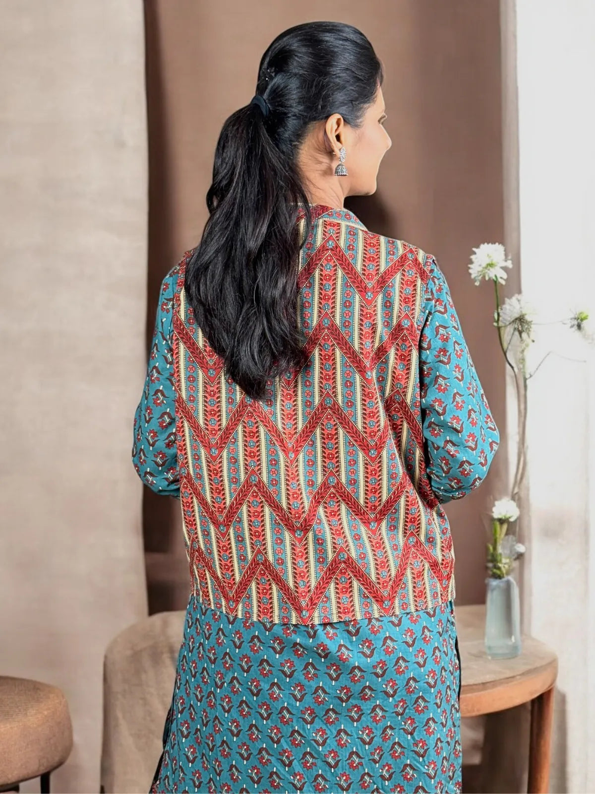 Tarani teal cotton pant kurti and jacket back view showing pattern detail