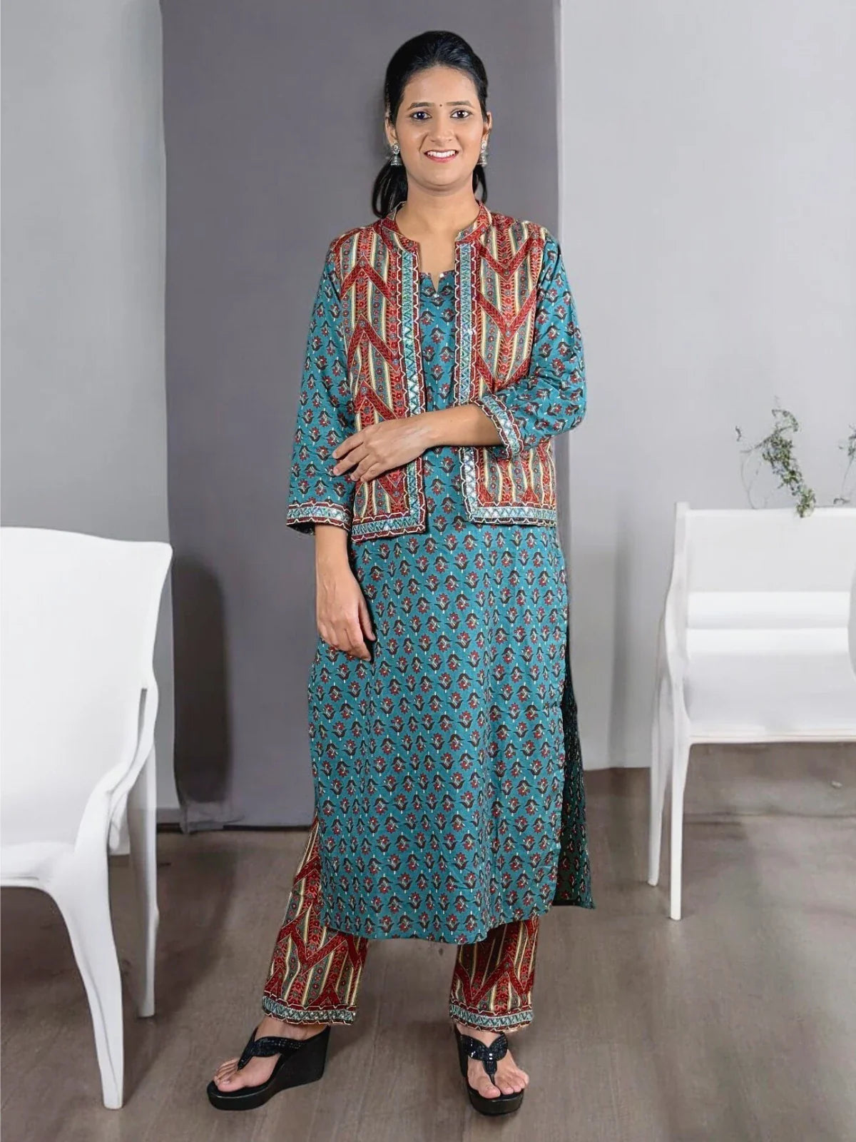 Tarani teal cotton pant kurti and jacket front pose elegant ethnic look