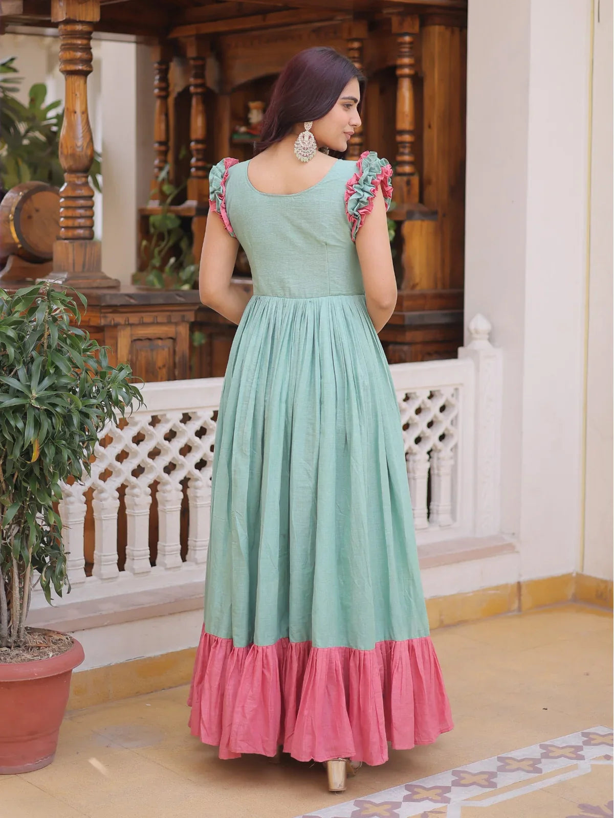 Tarani cotton gown full back view showing flare and frill sleeves