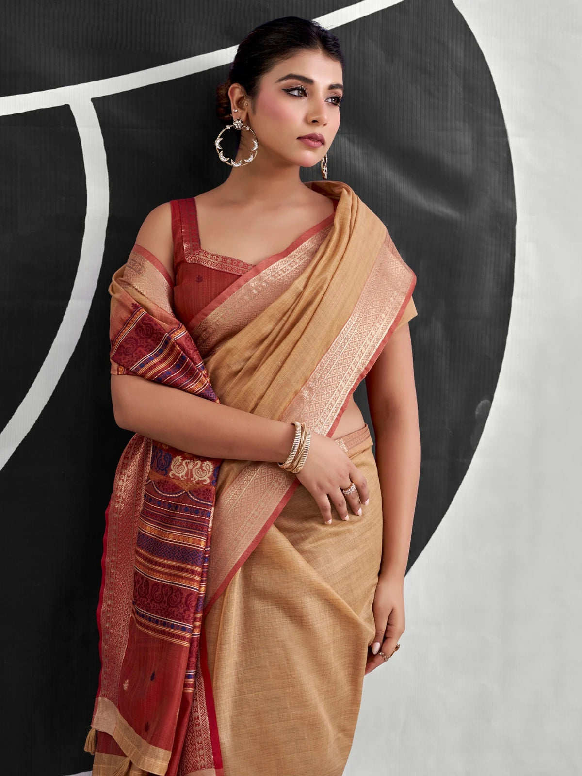 Tarani beige cotton modal saree front view with elegant border
