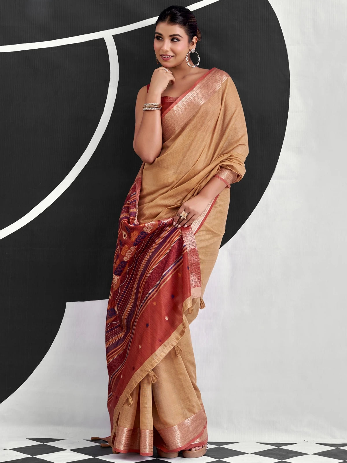 Tarani beige cotton modal saree pallu view with multicolor woven detailing