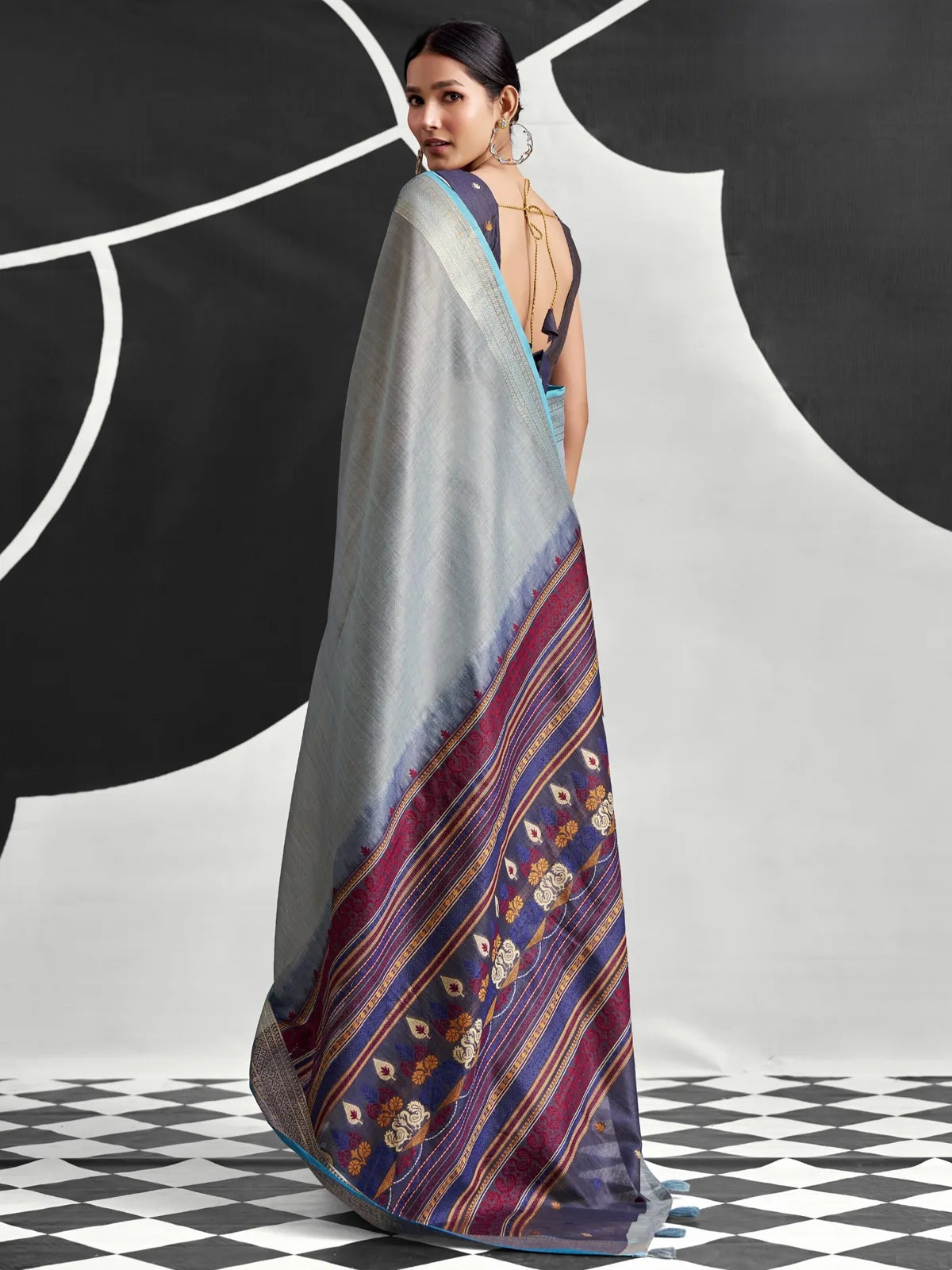 Tarani grey cotton modal saree with contrasting woven multicolor pallu back-view