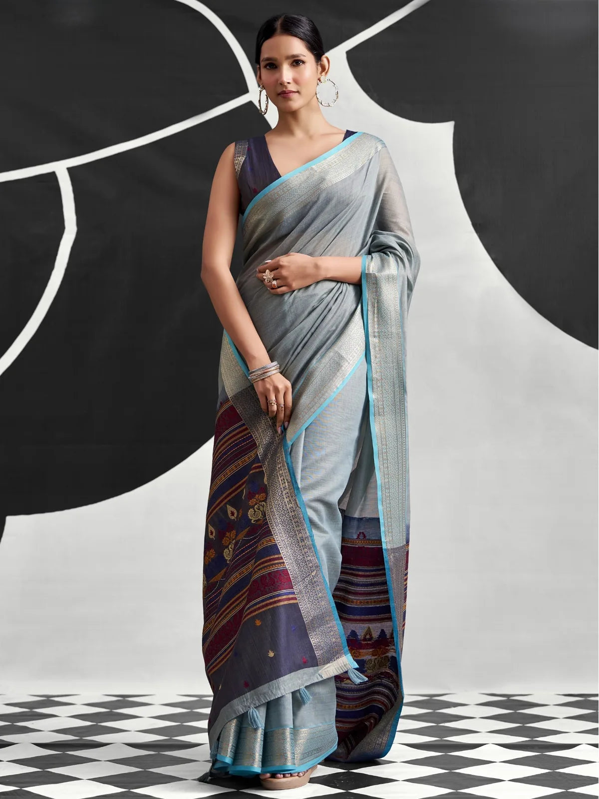 Tarani grey cotton modal saree with contrasting woven multicolor pallu front-view