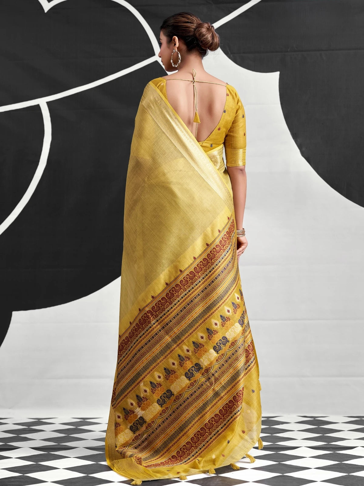 Tarani mustard cotton modal saree back-view with woven border and contrasting printed pallu