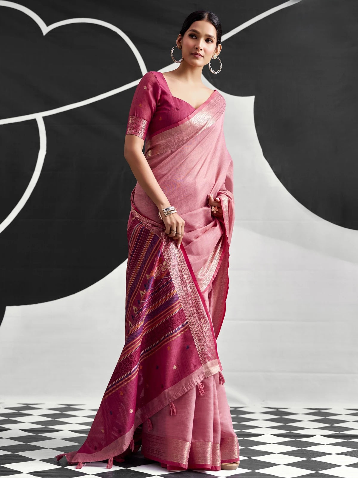 Tarani pink cotton modal saree elegant front pose with printed pallu