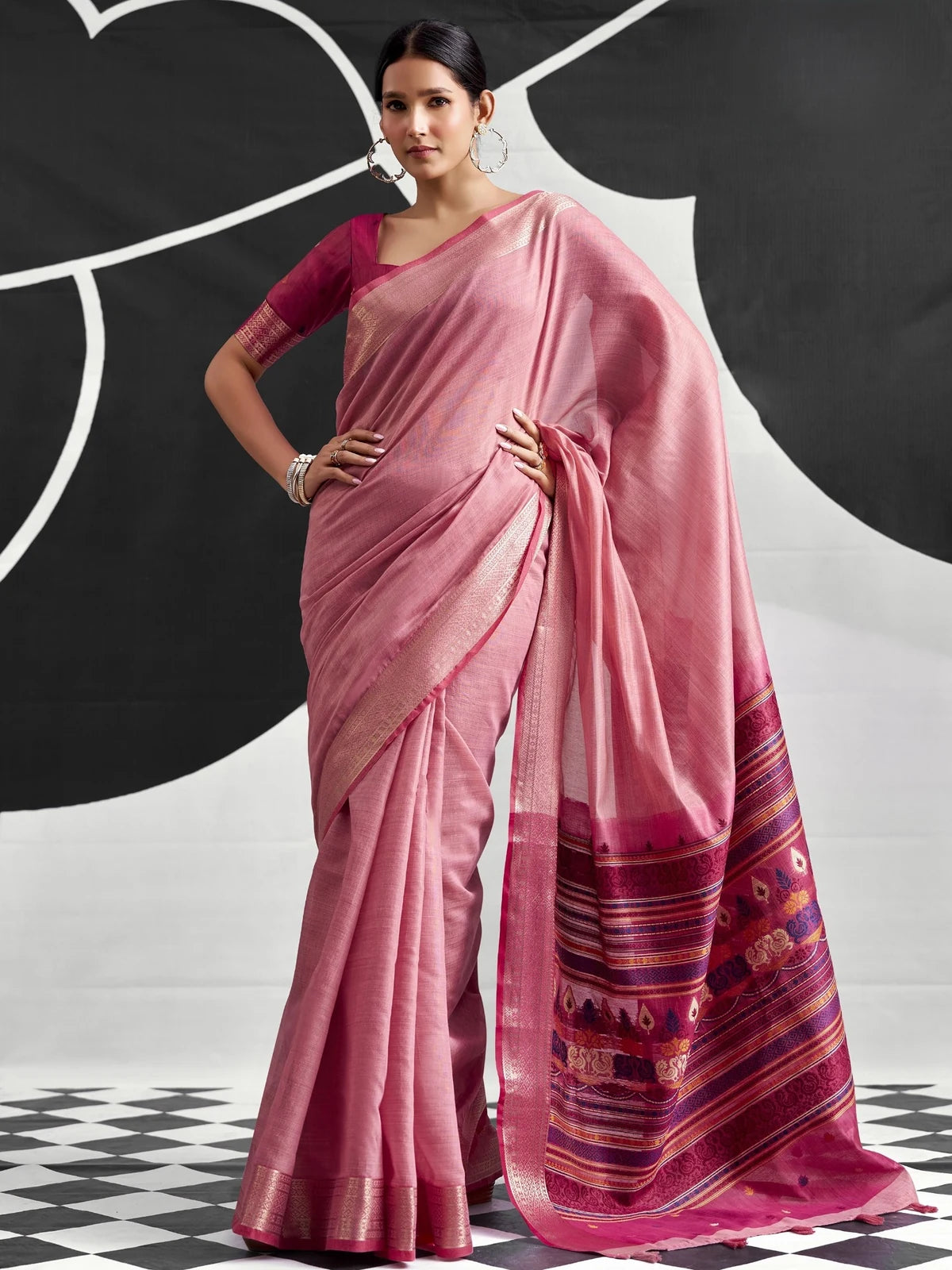 Tarani pink cotton modal saree full front view with woven contrast pallu and matching zari border blouse