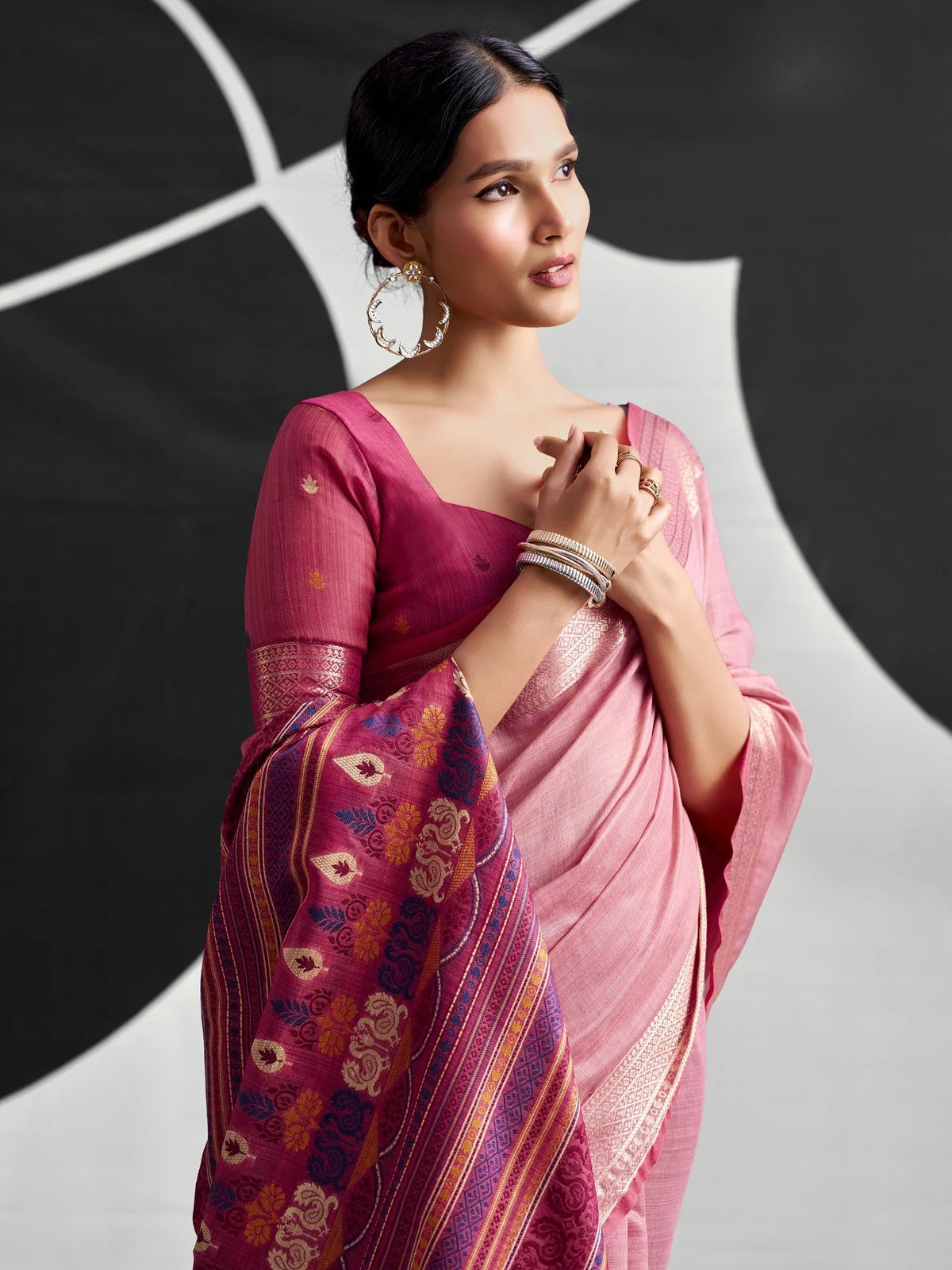 Tarani pink cotton modal saree close pallu view with multicolor woven detailing