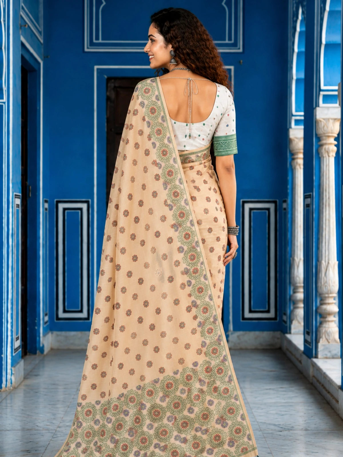 Tarani beige printed cotton saree back-view with floral border and blouse Deepshri