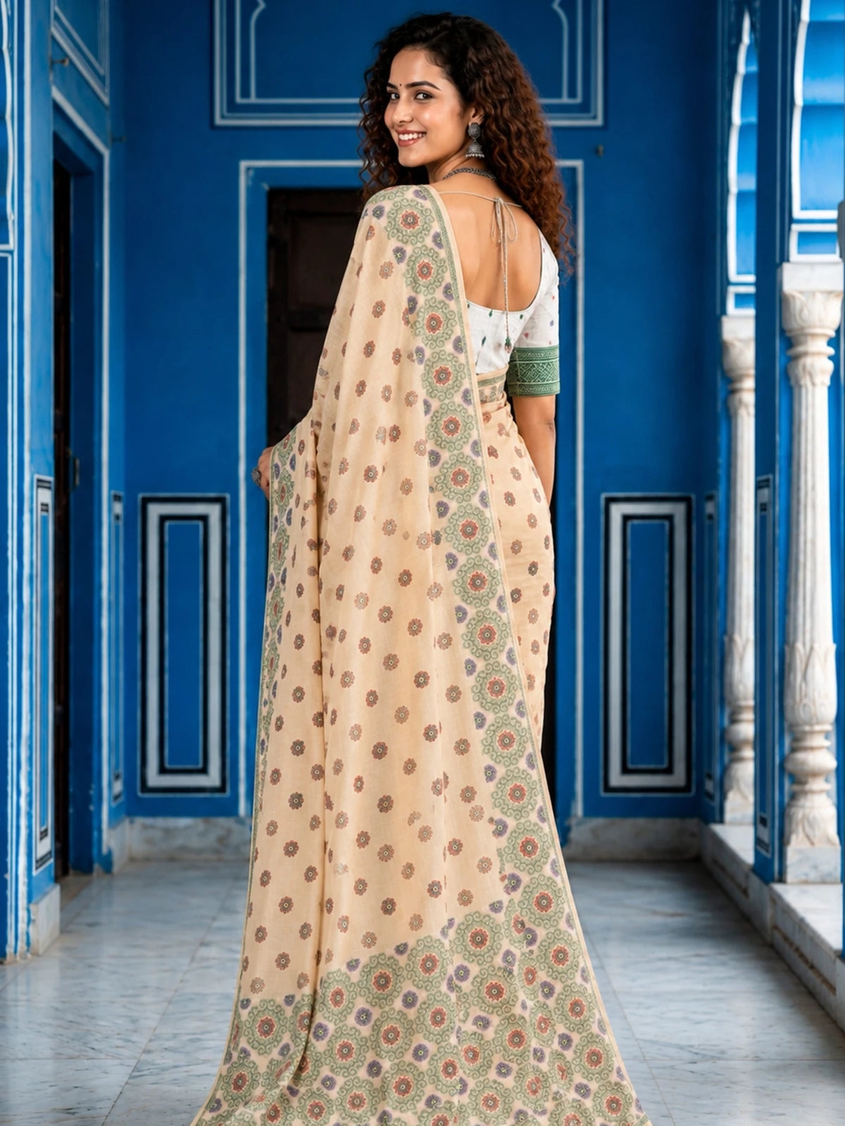 Tarani beige printed cotton saree blouse-view with floral border and blouse Deepshri