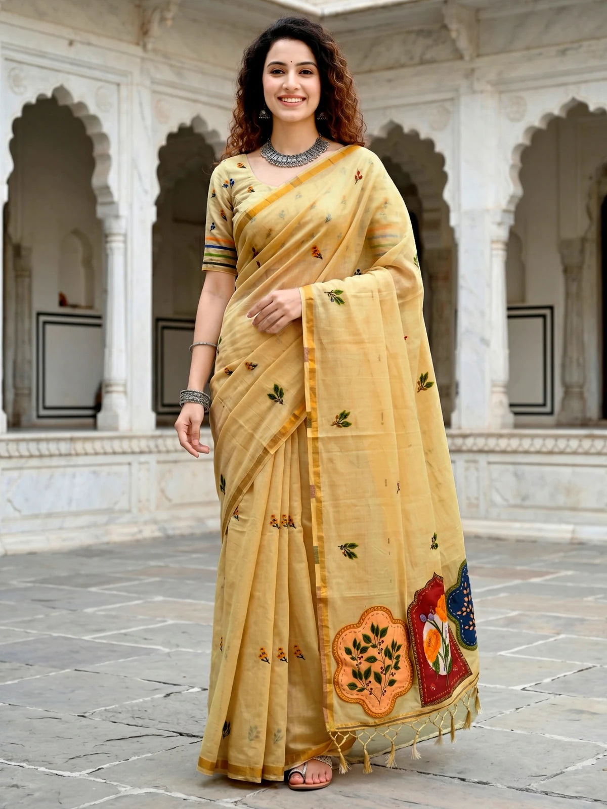 Tarani beige cotton saree with woven floral work full-view Reshma