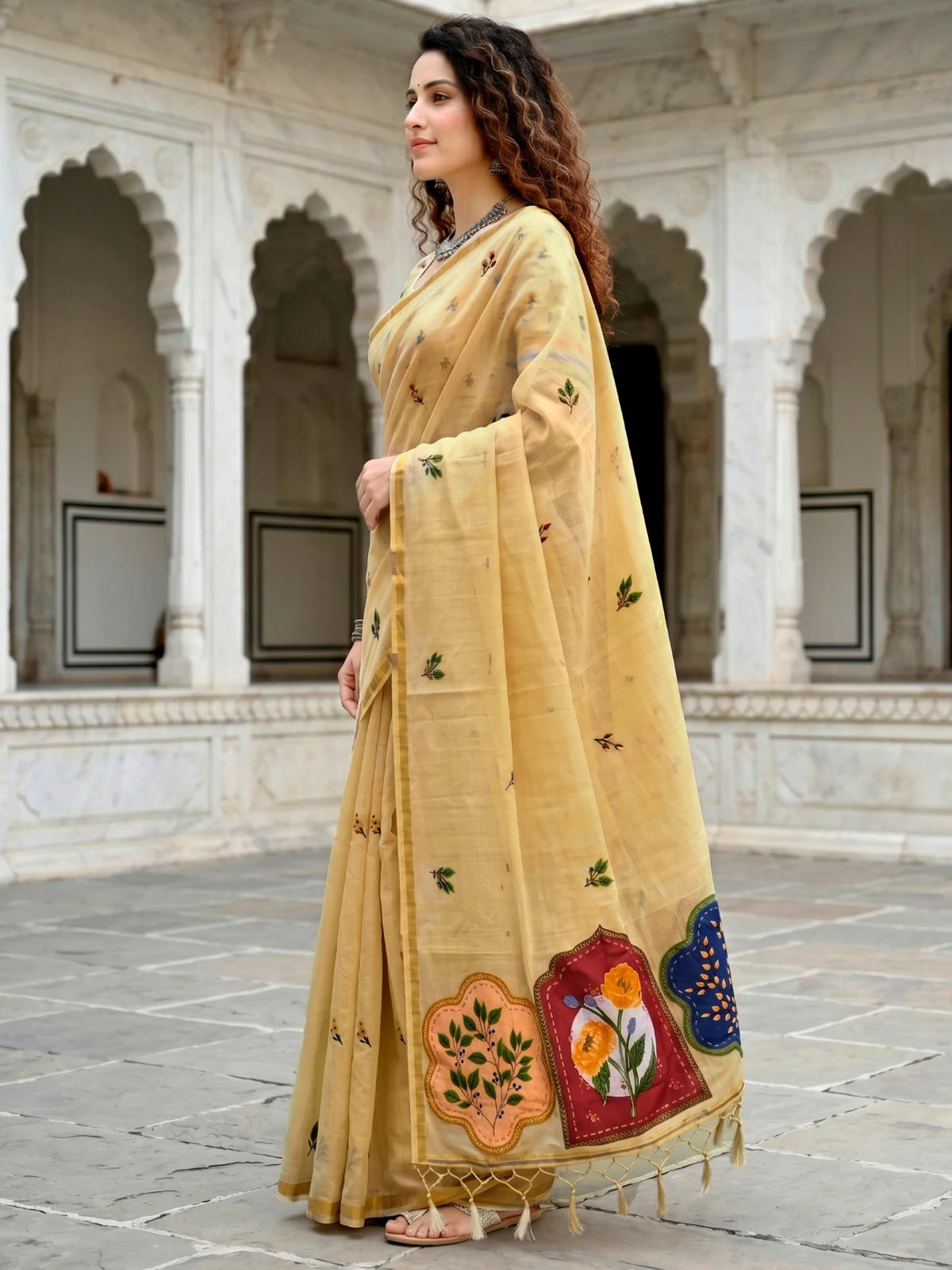 Tarani beige cotton saree with woven floral work side-view Reshma