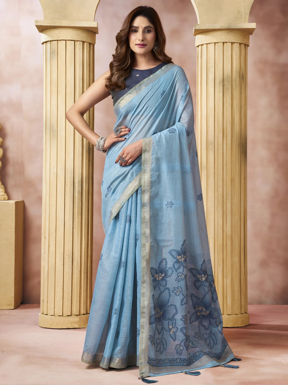 Tarani Lekha blue cotton saree with tassels and floral pallu full view