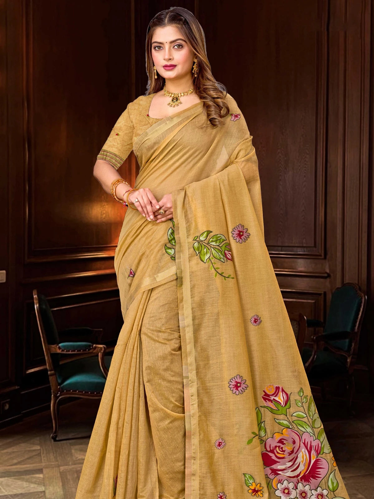 Tarani golden cotton blend handloom zari border saree with floral pallu full front view for festive wear
