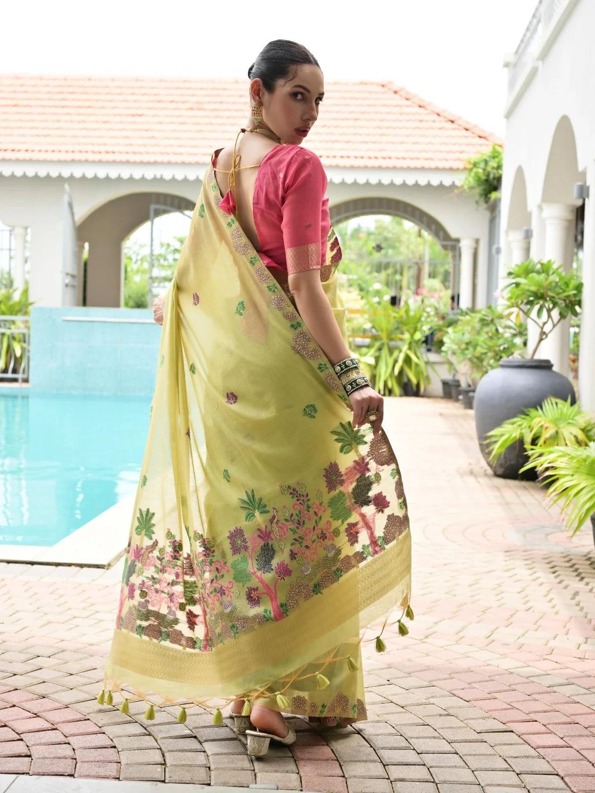 Tarani pratika Green Chanderi saree drape detail view for festive party and wedding wear