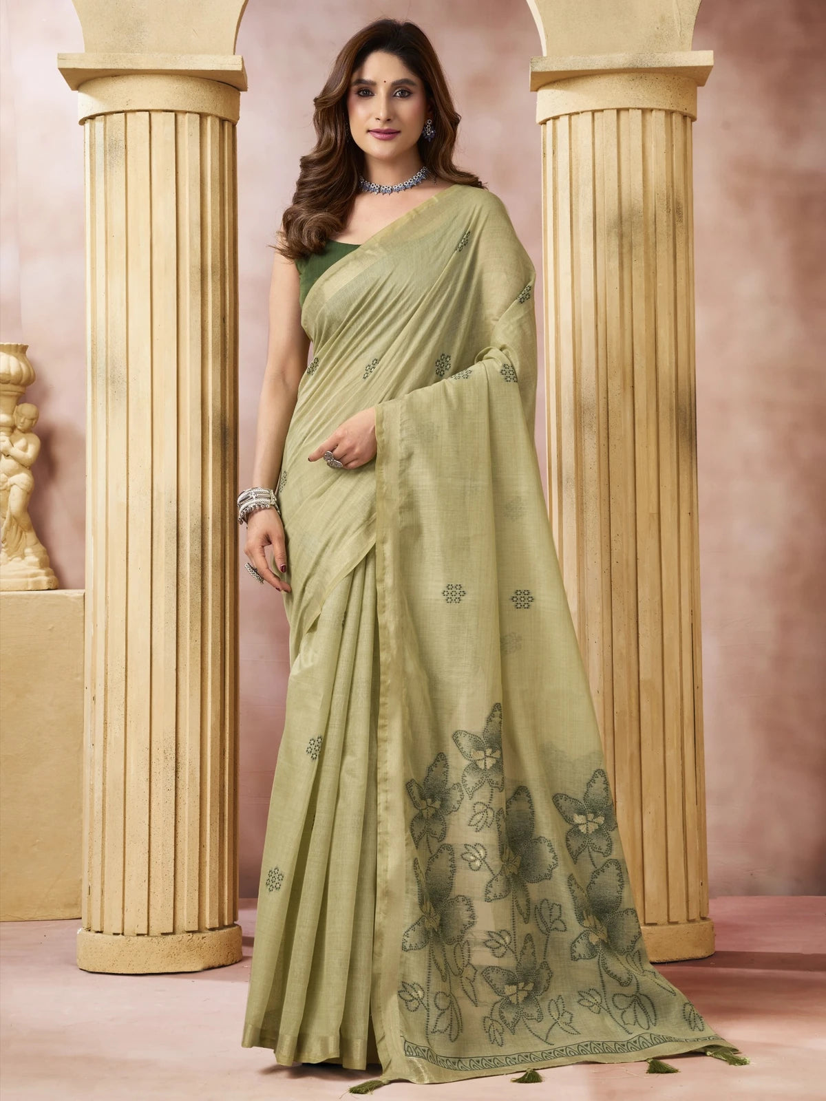 Tarani Chahna green cotton saree with tassels and floral pallu full view