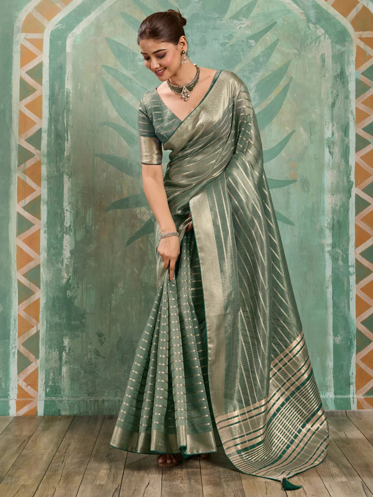 Tarani green cotton tissue saree with zari woven work full view