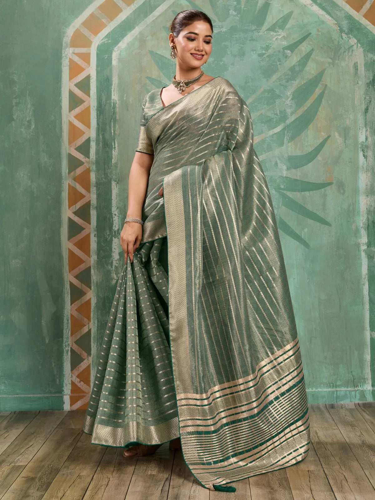 Tarani green cotton tissue saree with zari woven work full view