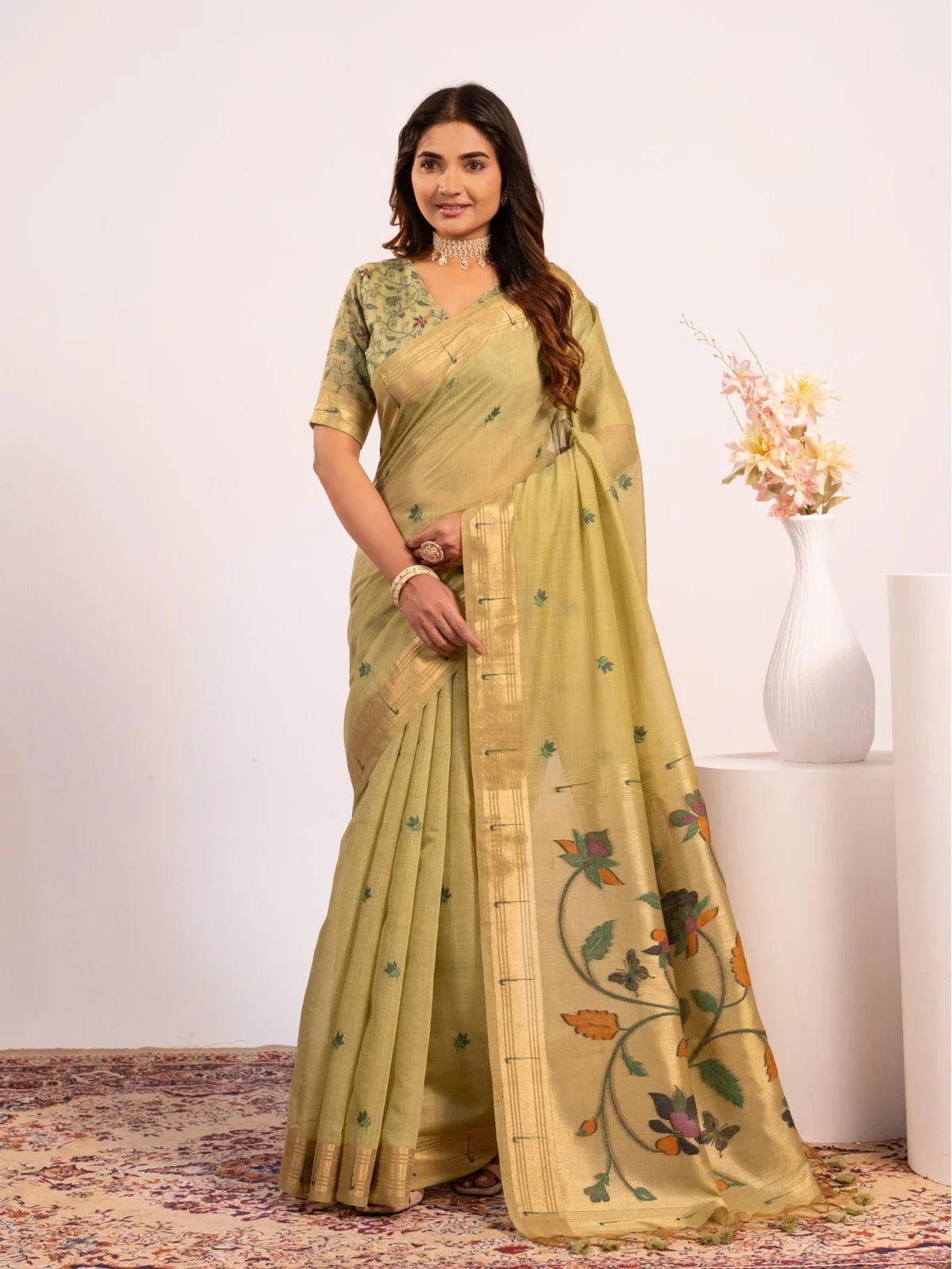 Tarani premium green paithani cotton saree full view with floral pallu and zari border