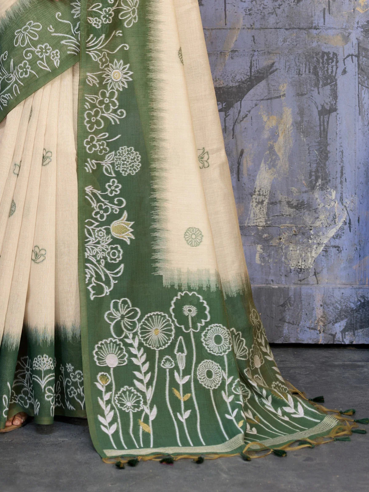 Tarani munga cotton saree with handwoven floral motifs and pallu close-up showing traditional detailing