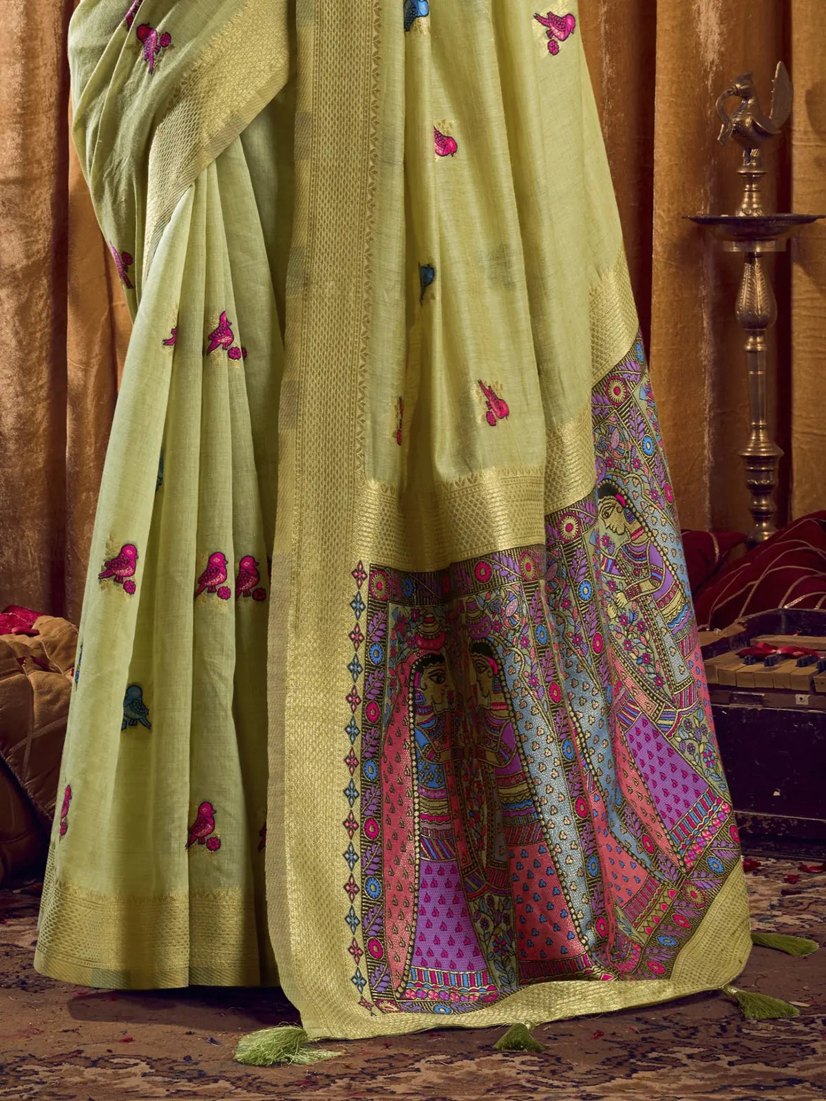 Tarani green cotton saree with colourful madhubani pallu artwork â€“ zoomed pallu view