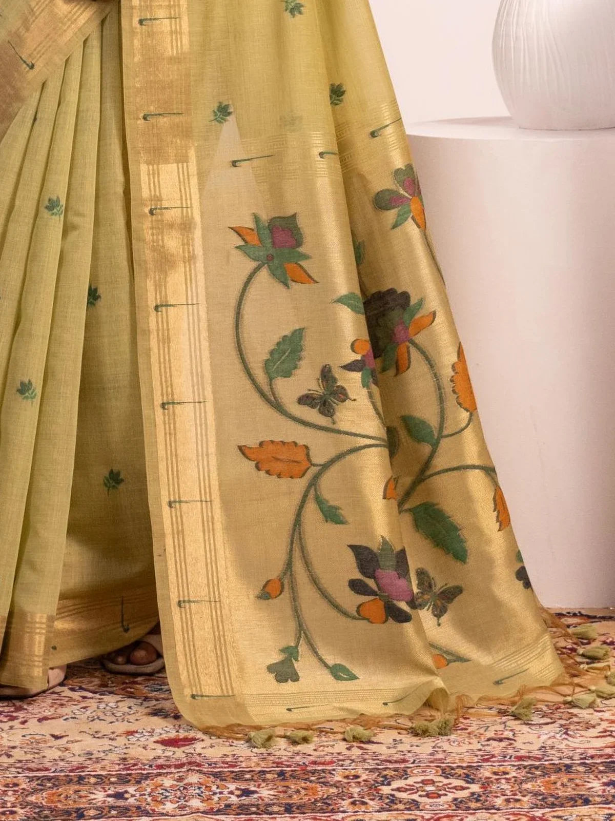 Tarani soft cotton paithani saree close-up pallu with resham floral motifs and zari