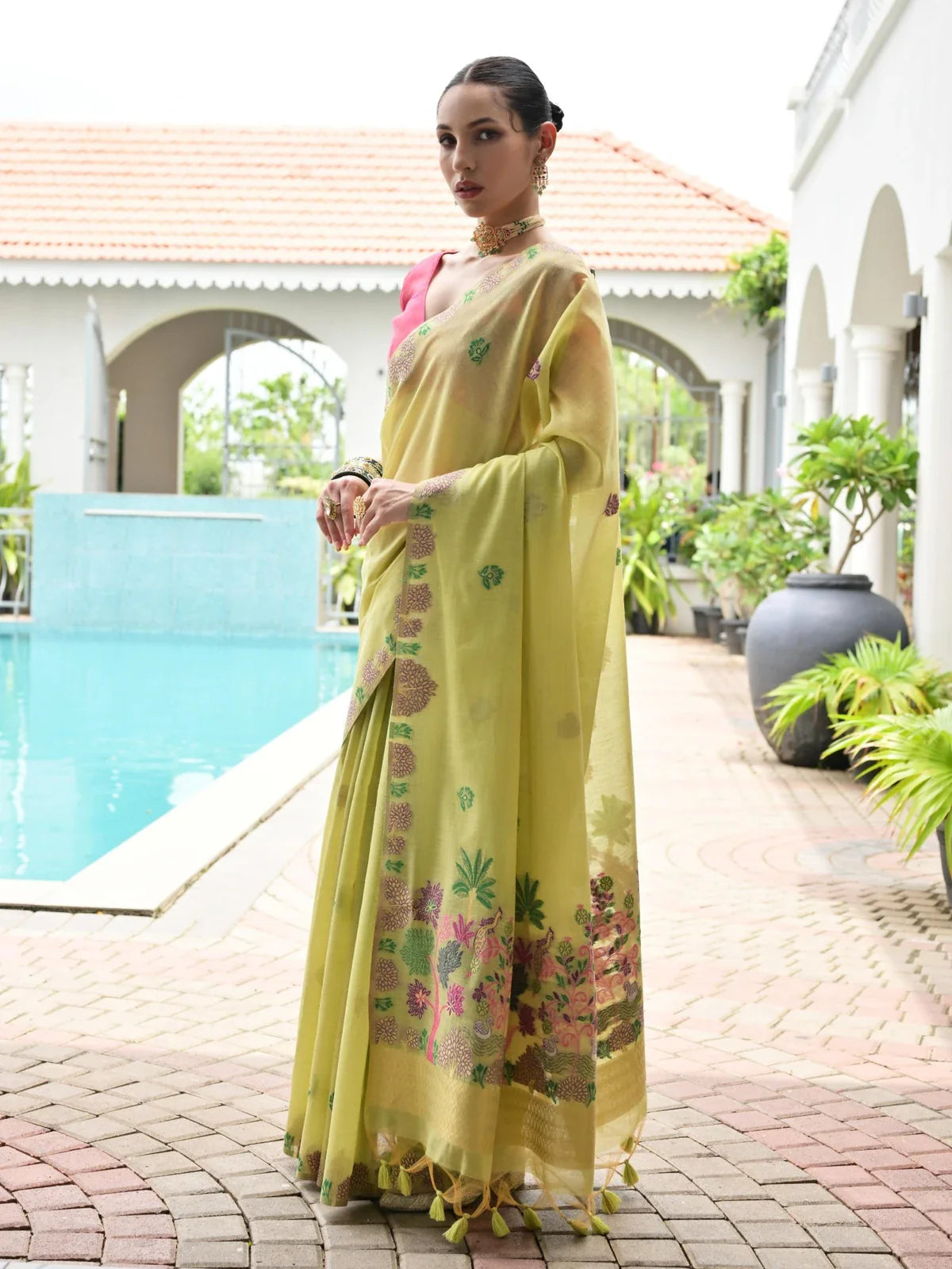 Tarani pratika Green Chanderi saree fabric detail view for festive party and wedding wear