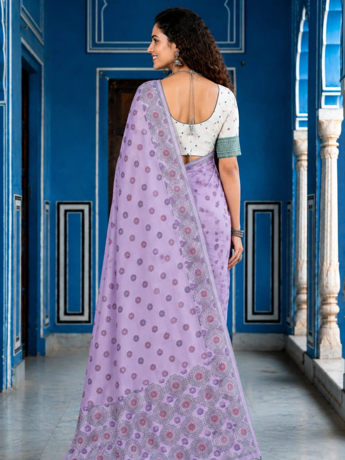 Tarani lavender printed cotton saree back-view
