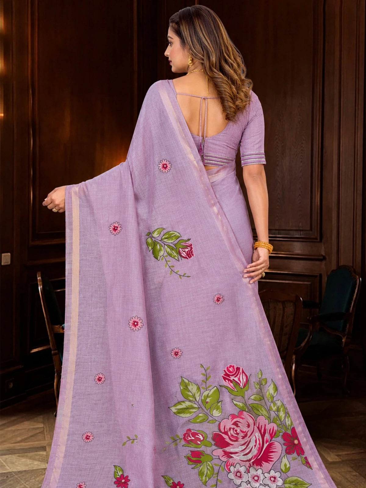 Tarani lavender cotton blend saree back view with floral pallu
