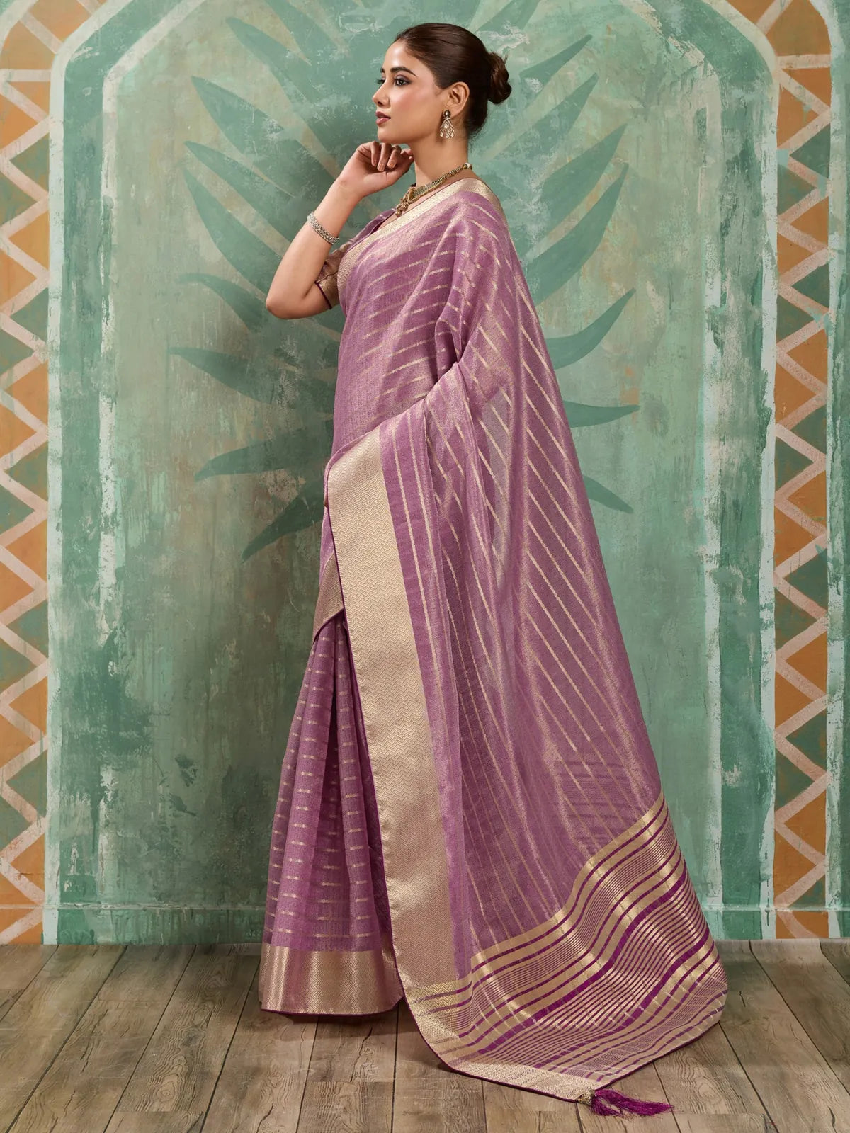 Tarani lavender cotton tissue saree front profile view with woven zari stripes