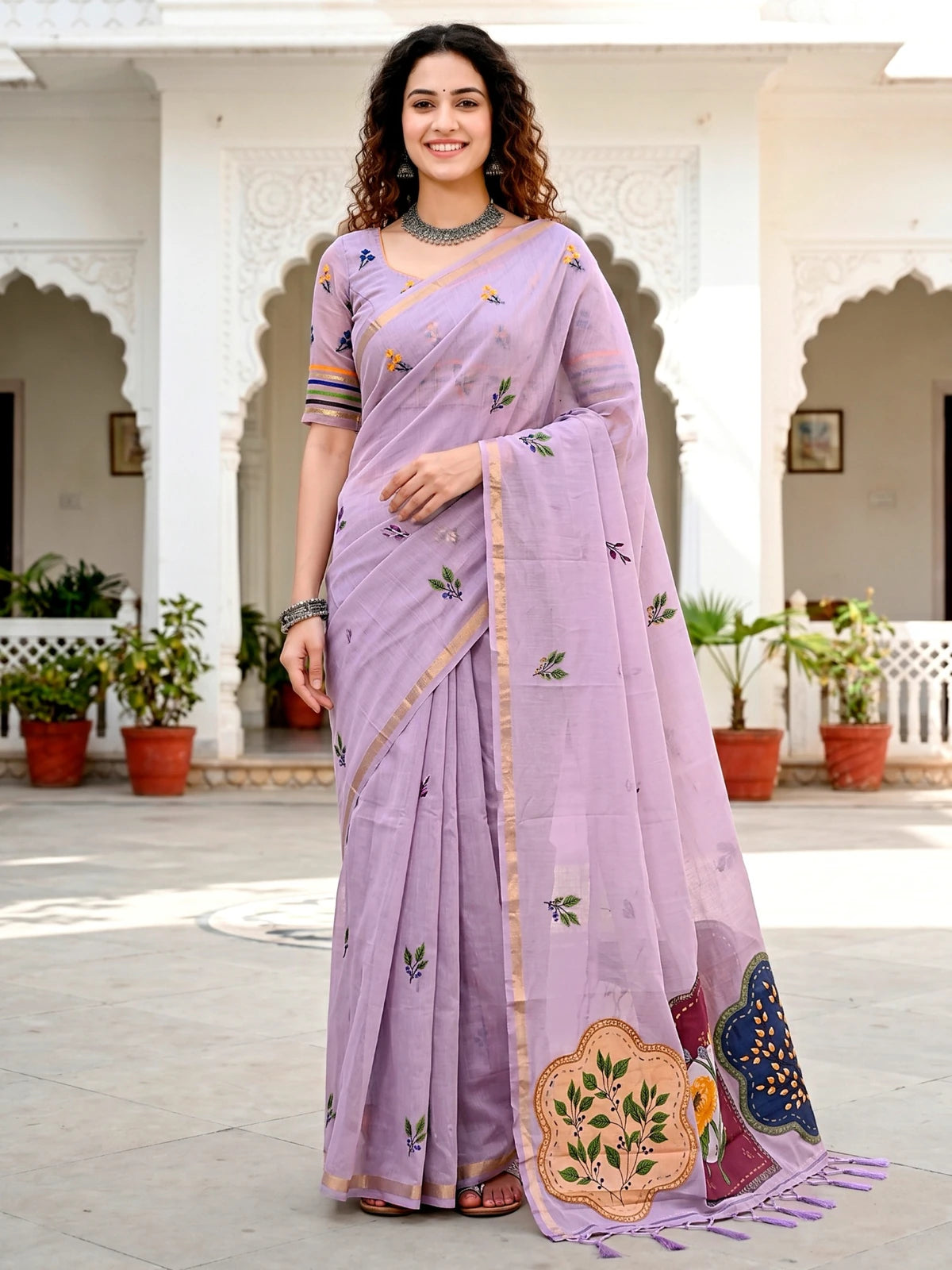Tarani lavender cotton saree full front view with woven floral work and contrast border
