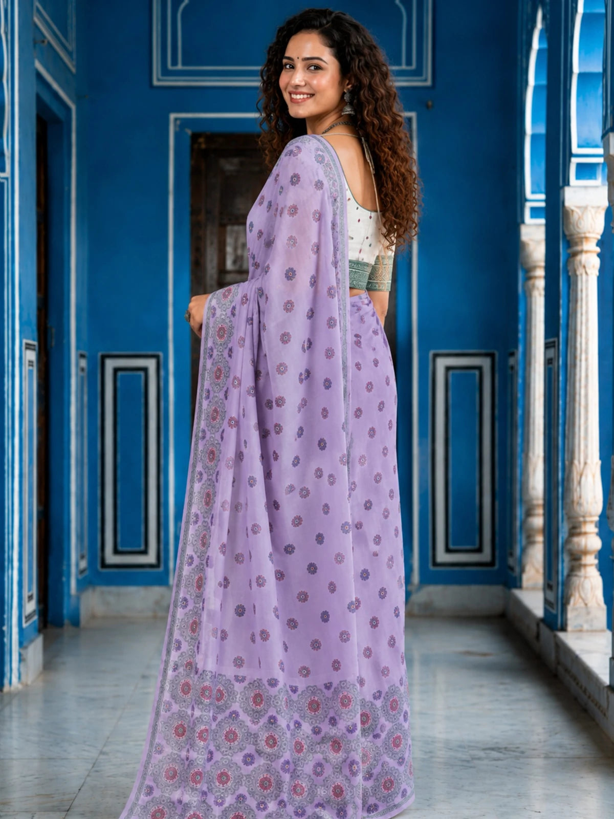 Tarani lavender printed cotton saree side-view