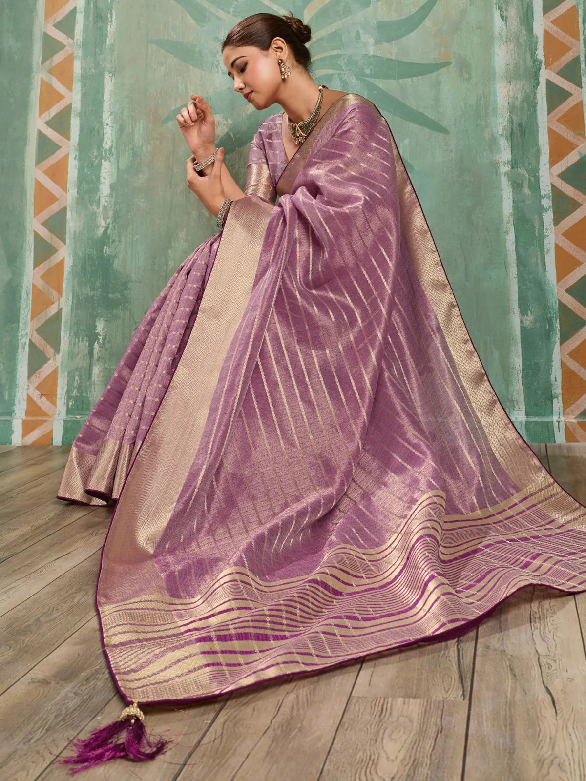Tarani lavender cotton tissue saree side view with elegant woven detailing
