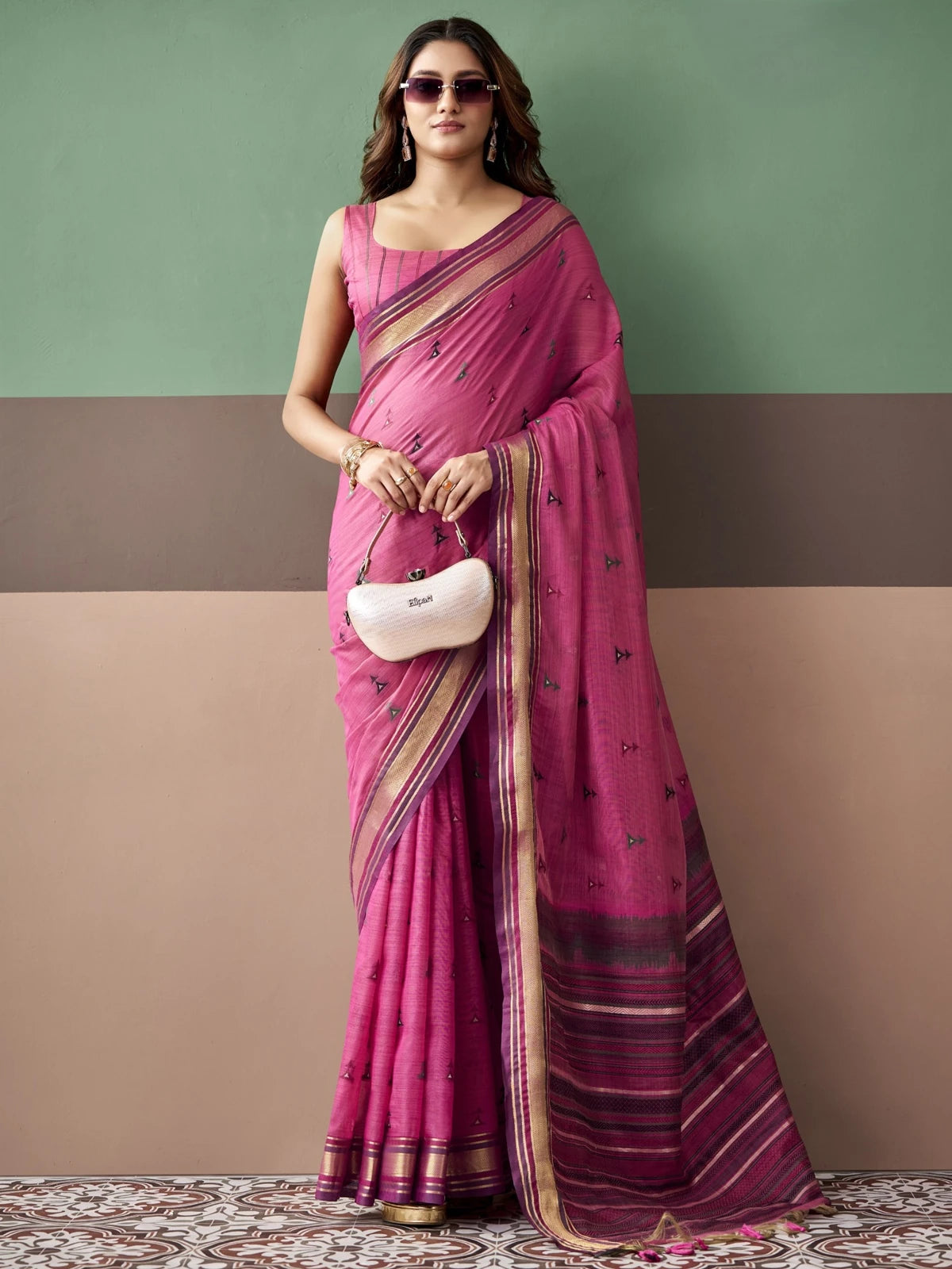 Tarani premium magenta cotton weaving saree full front view with woven border and blouse piece