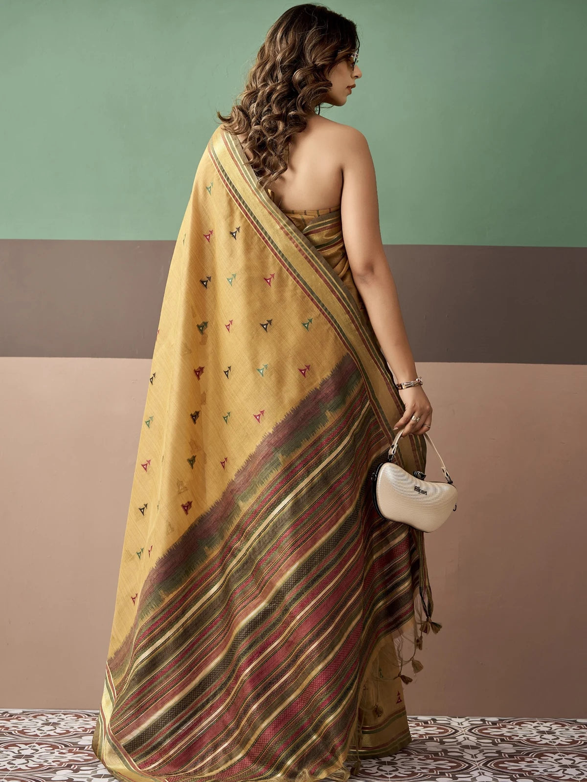 Tarani premium mustard cotton weaving saree back-view