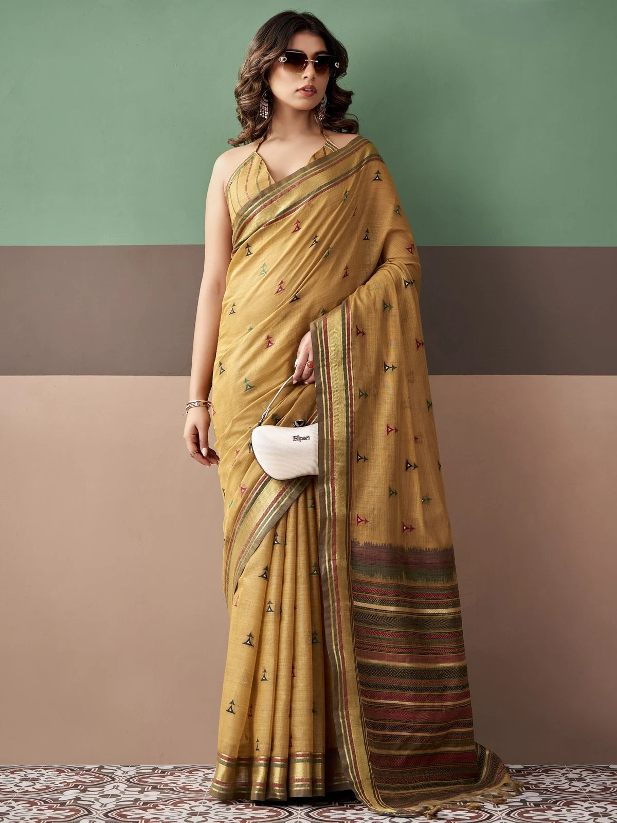 Tarani premium mustard cotton weaving saree full front view with woven border
