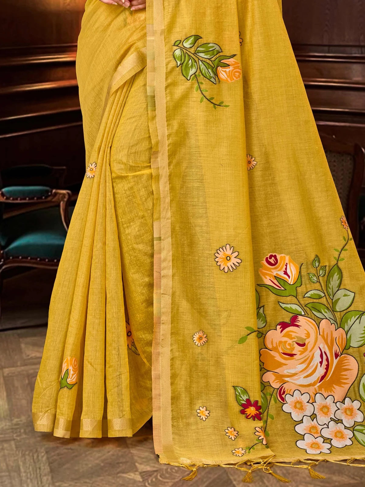 Tarani mustard cotton blend handloom zari border saree pallu view