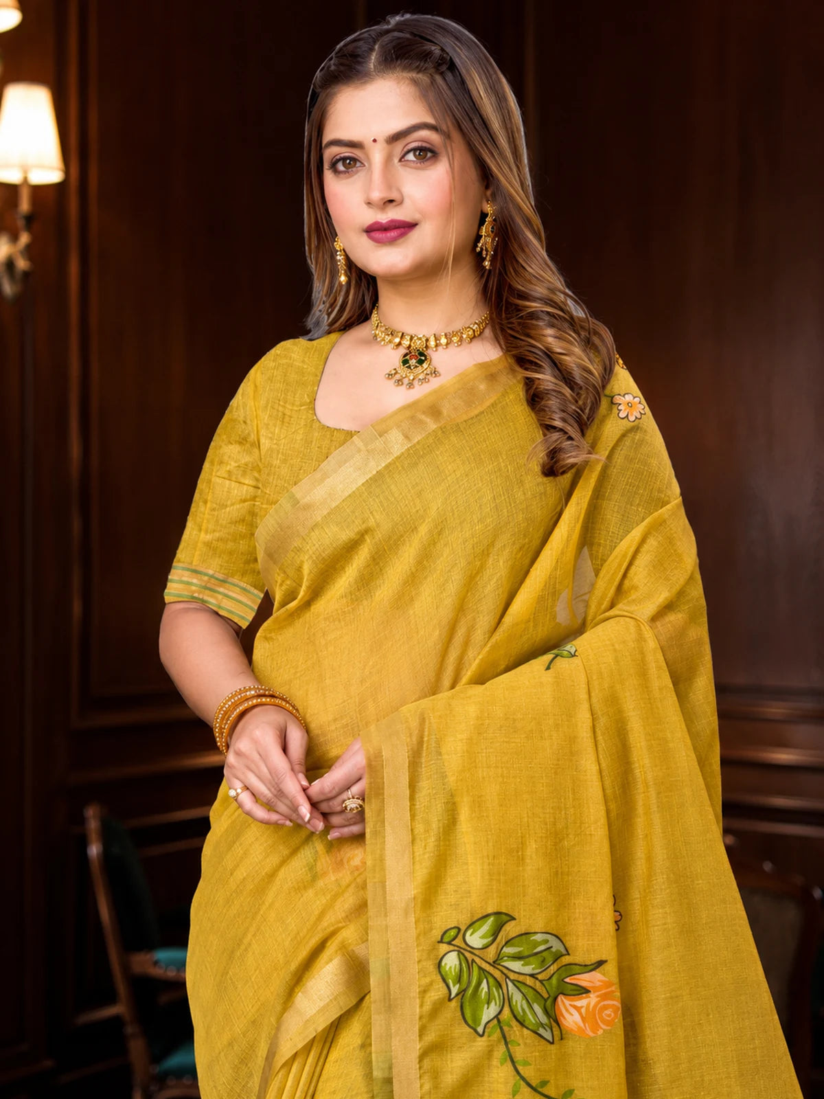 Tarani mustard cotton blend handloom zari border saree upper body view