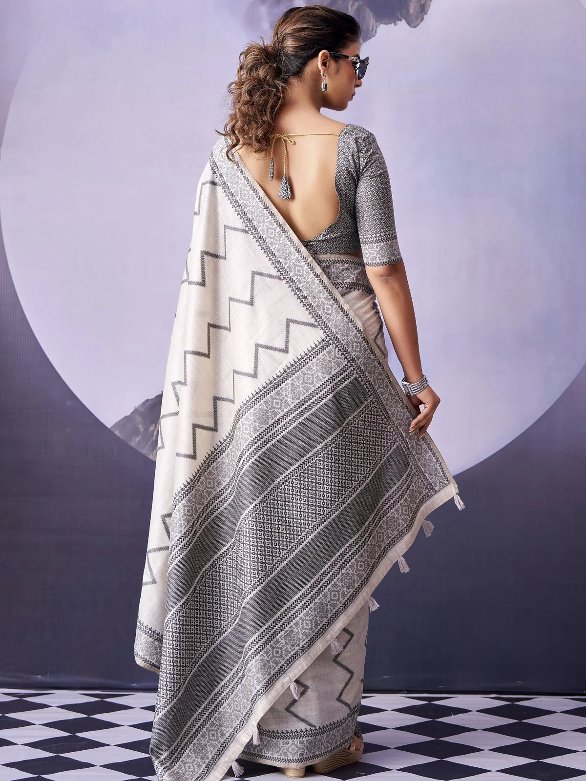Tarani off white Fancy Premium Cotton saree back view with pallu and blouse design
