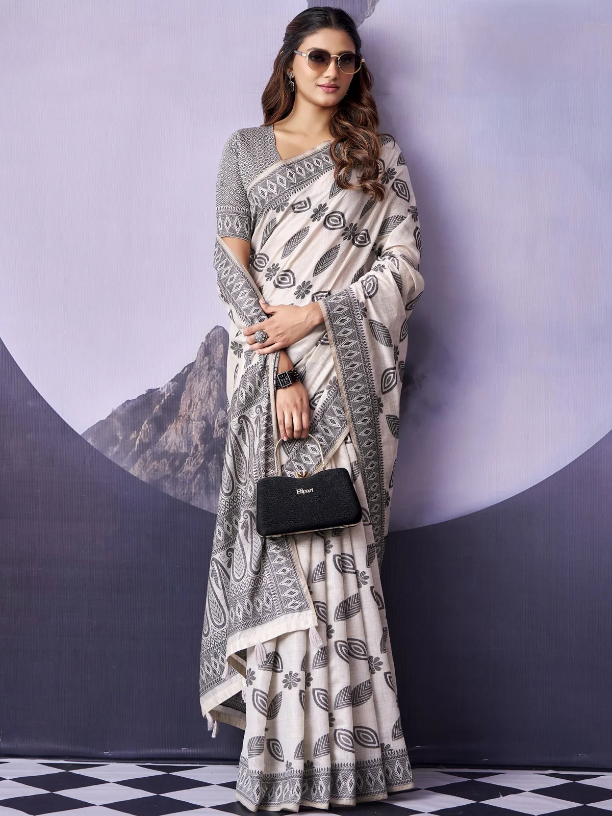 Tarani off white Fancy Premium Cotton saree with woven border and cotton blouse front-view