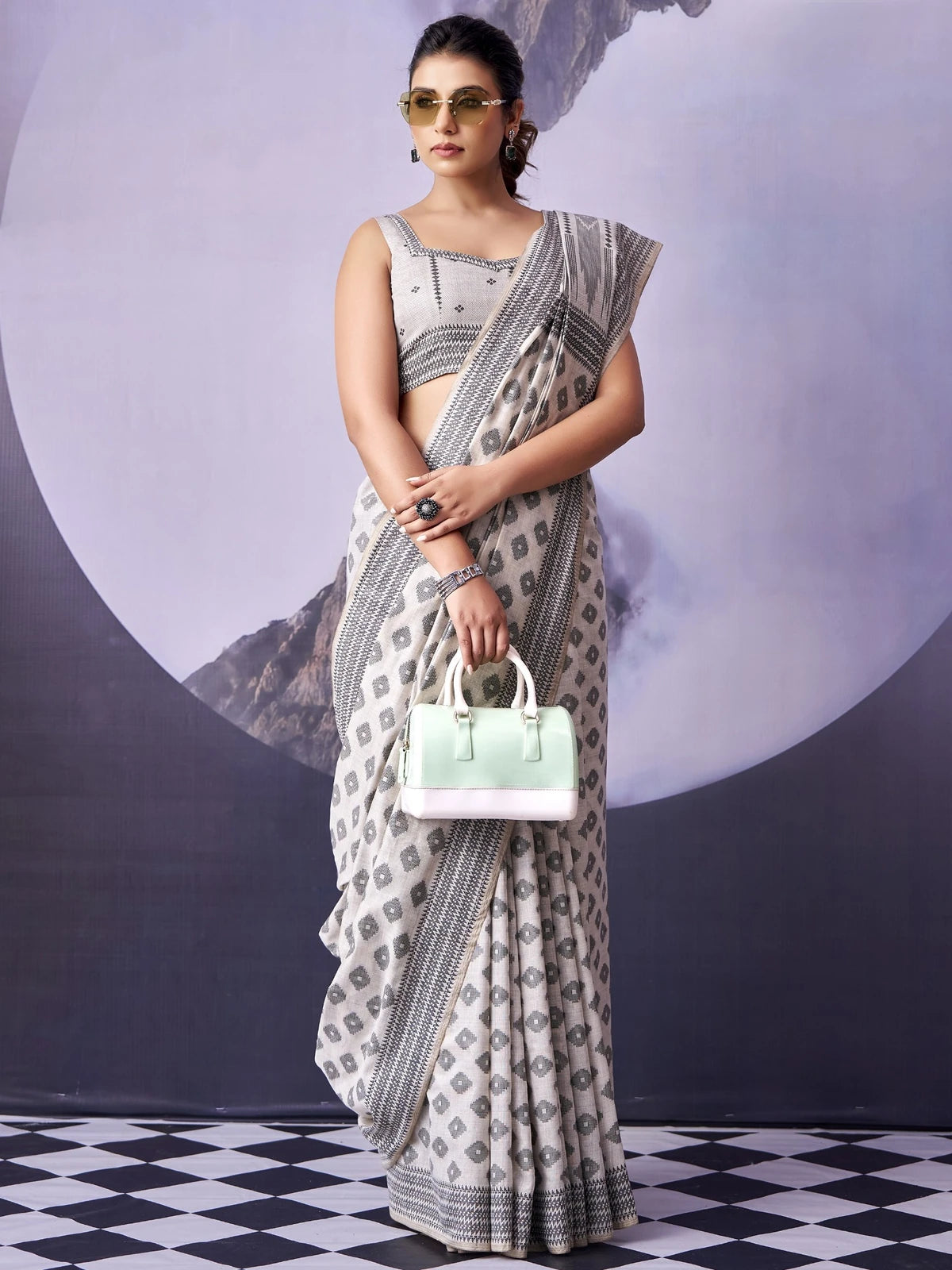 Tarani off white fancy premium cotton saree front-view with woven grey motifs Namita