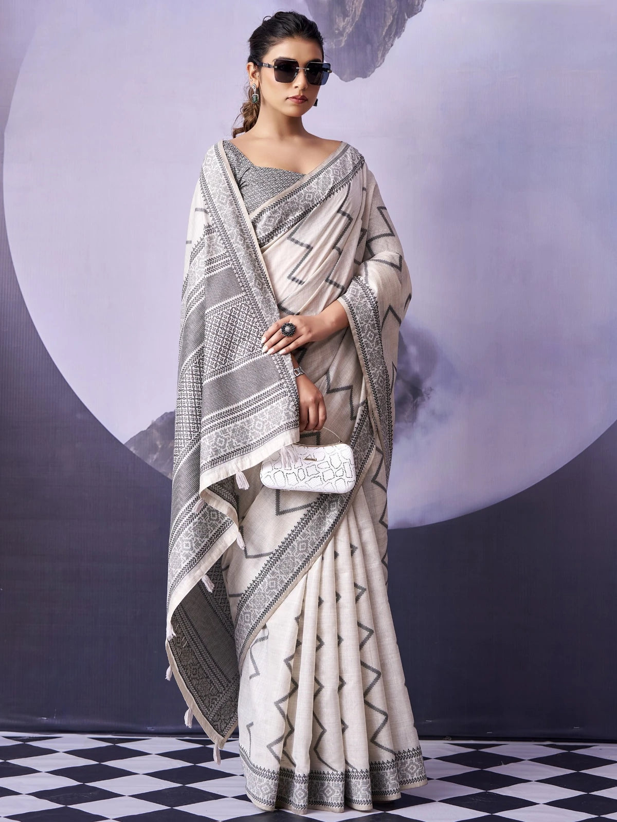 Tarani off white Fancy Premium Cotton saree front view with elegant woven pallu