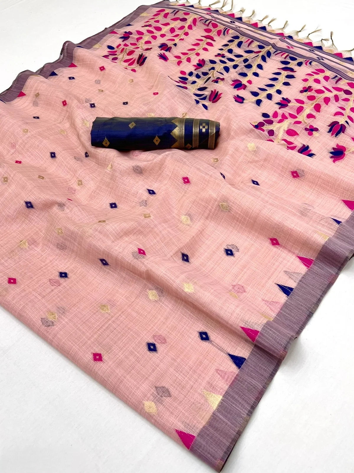 Tarani soft cotton Jamdani style peach saree with blouse front view