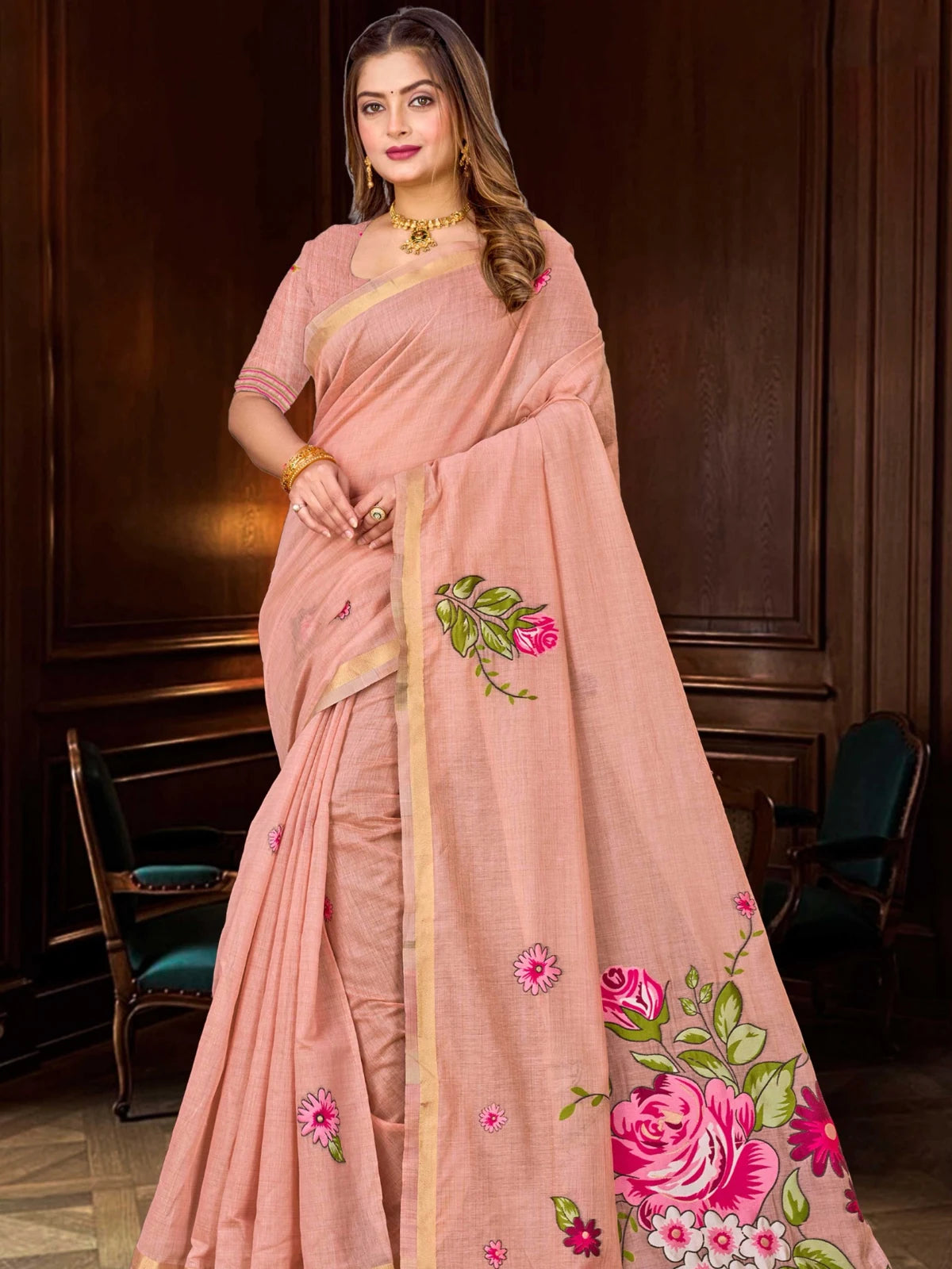 Tarani peach cotton blend handloom zari border saree full view Afreen
