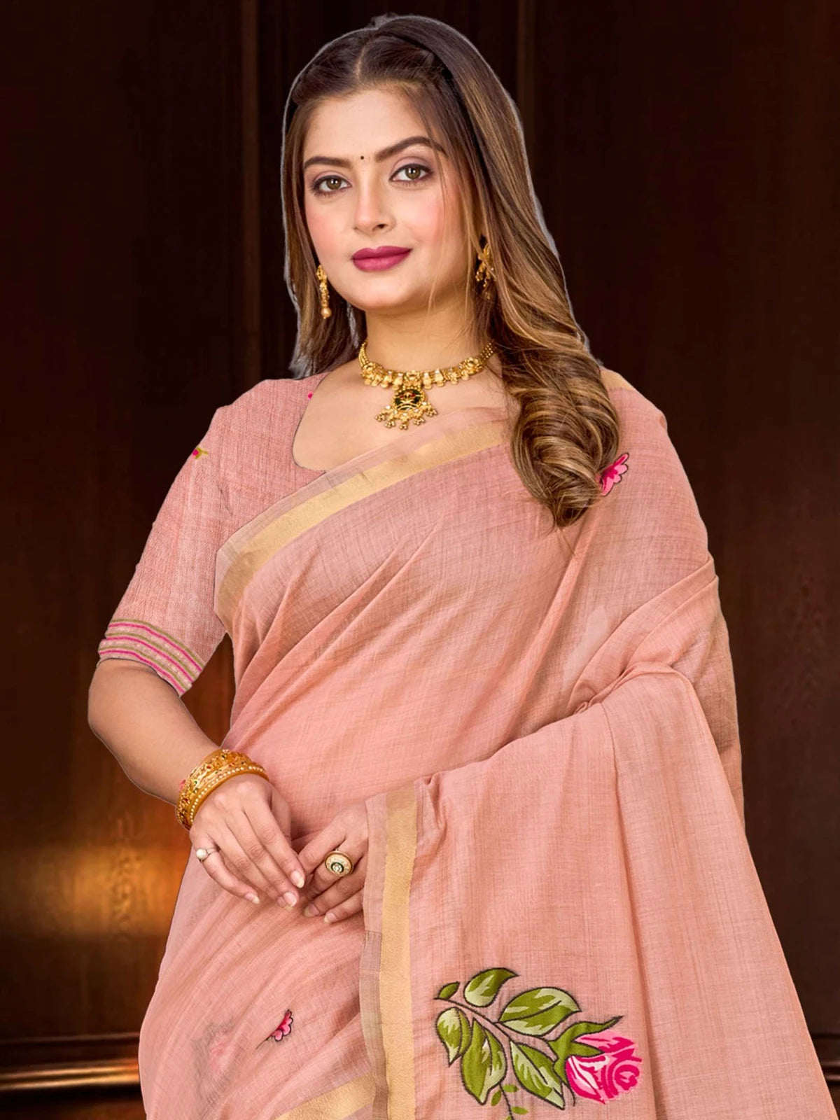 Tarani peach cotton saree upper-body-view Afreen