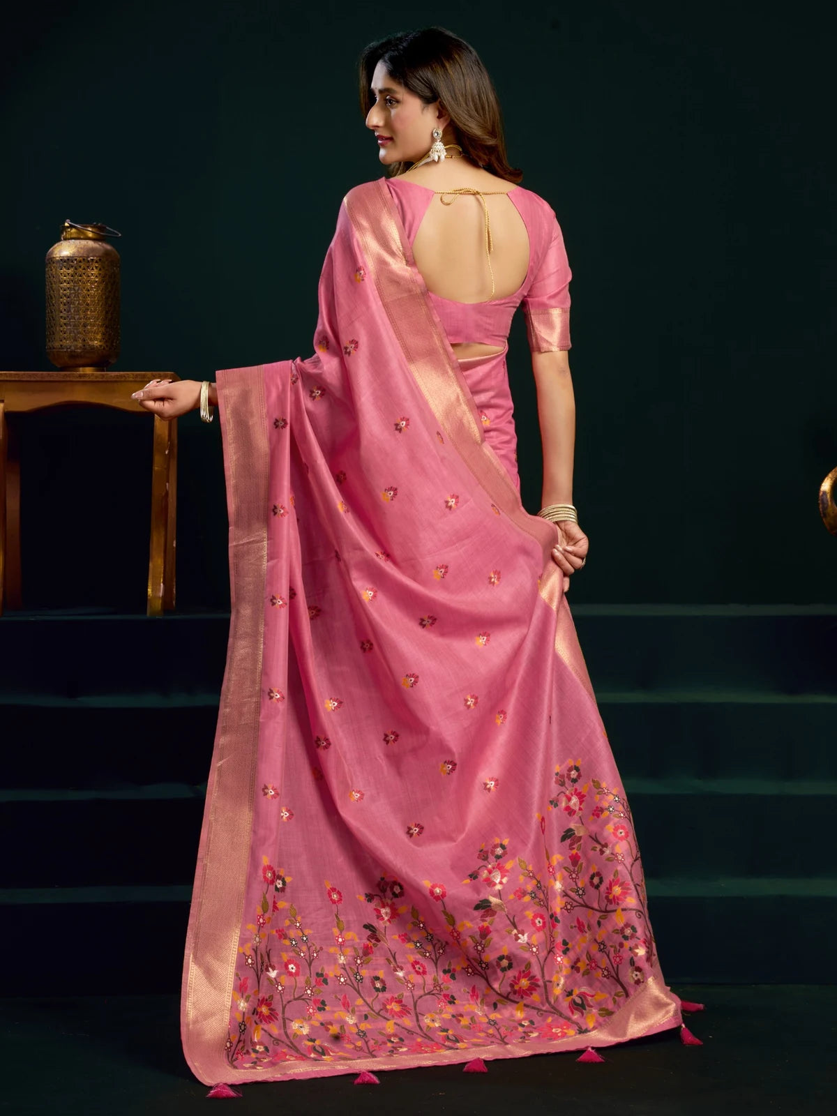 Tarani Latika pink Munga Cotton Mina Work saree back view with floral pallu and zari border