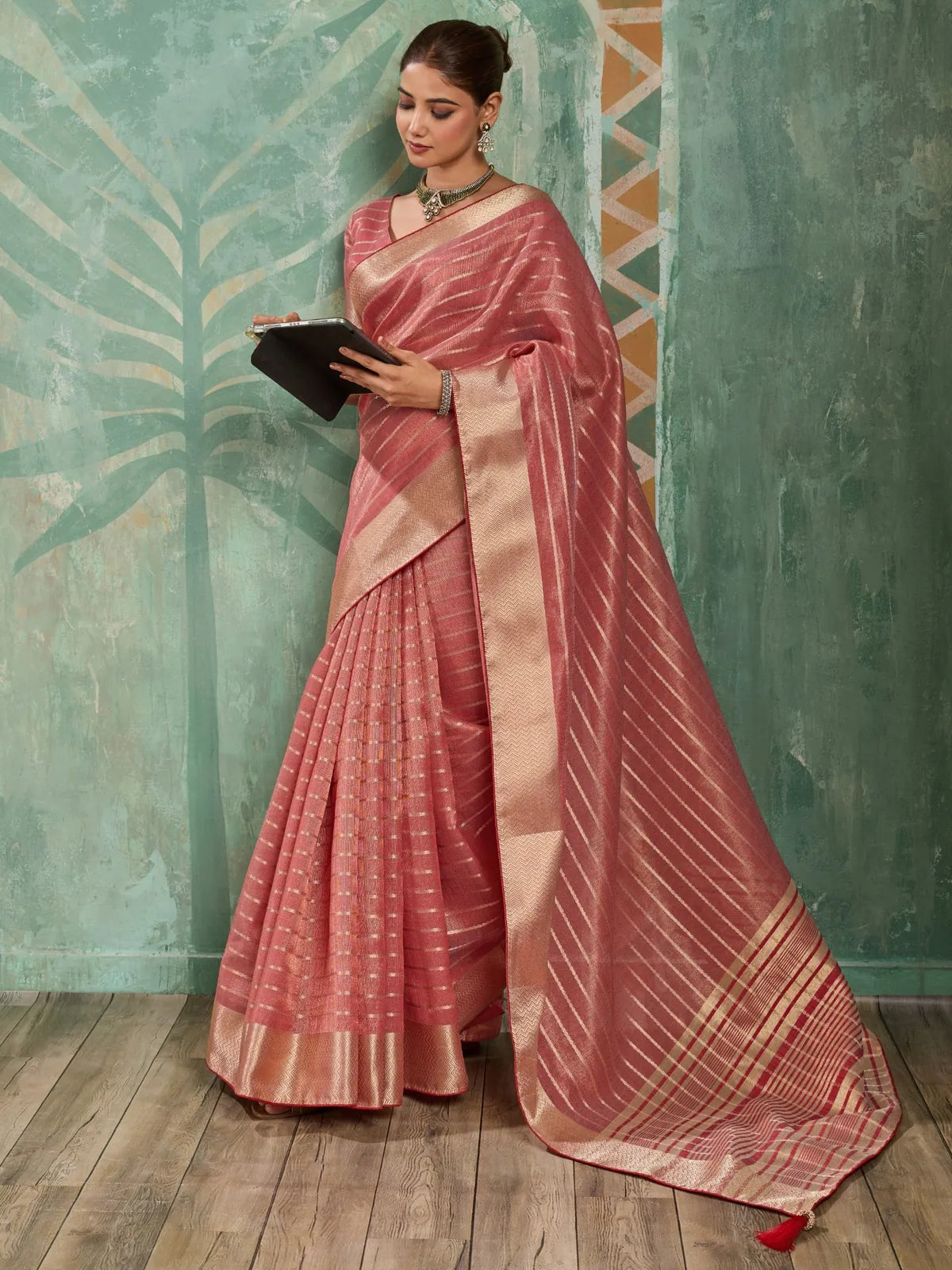 Tarani pink cotton tissue saree with zari woven work front-view Veenika