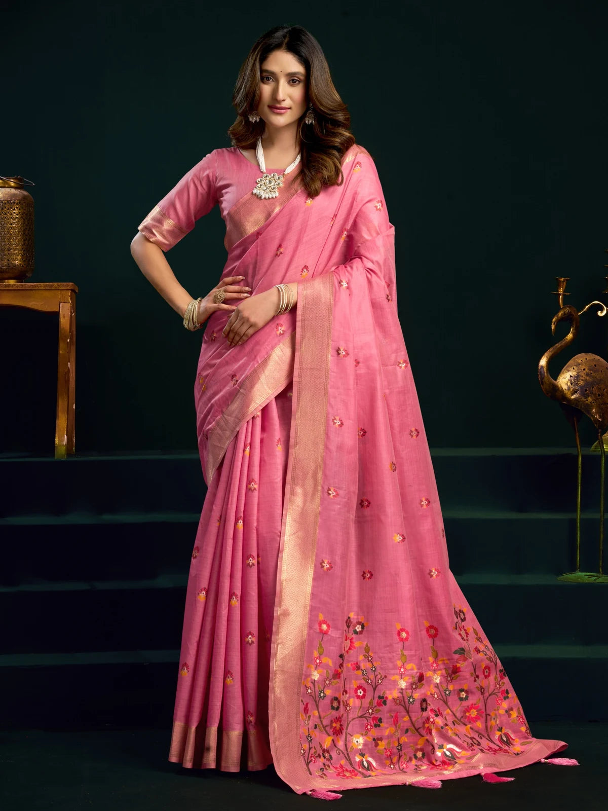 Tarani Latika pink Munga Cotton Mina Work saree full view with zari border and floral pallu for festive wear