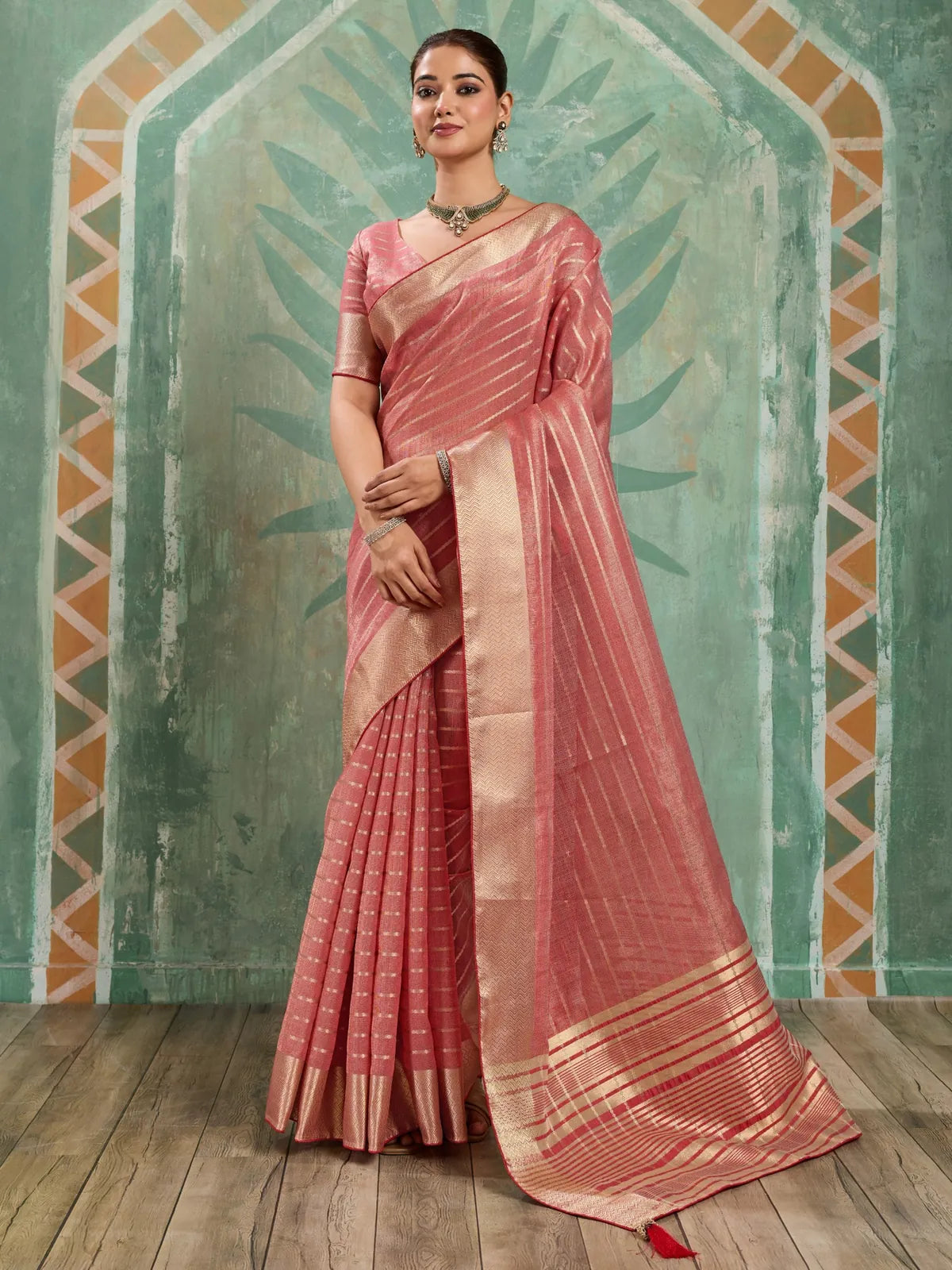 Tarani pink cotton tissue saree with zari woven work full-view Veenika